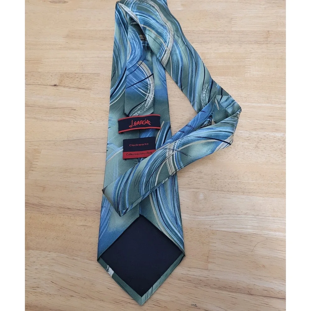 J. Garcia Mens Silk Tie Clockworks Collection Fifty-Five Green Blue Abstract